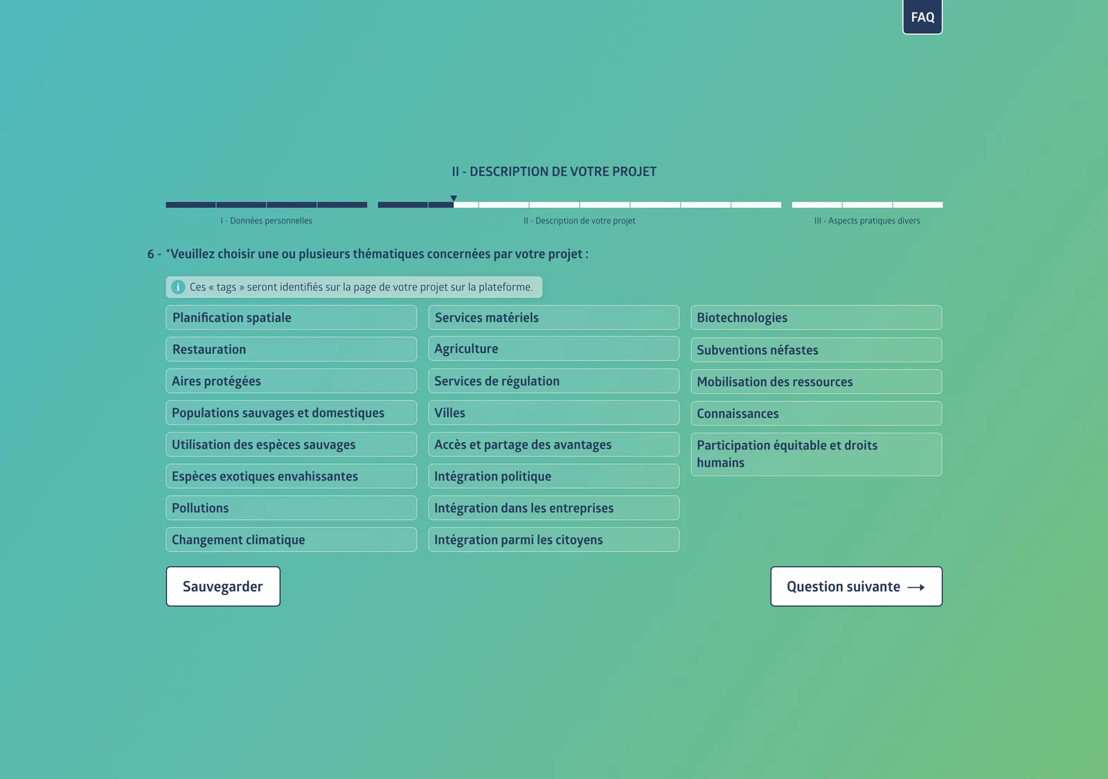 Aperçu d'une page du questionnaire de dépôt de projet